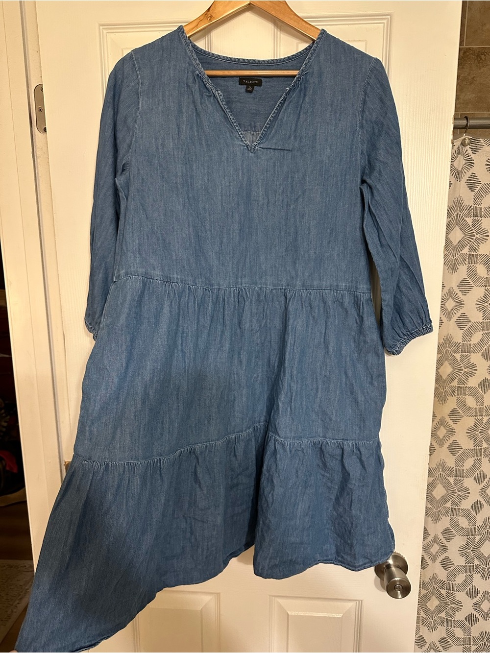 Talbots Denim Cotton Tiered Ruffle Shift Dress 3/4 Sleeve M Cottagecore Prairie
